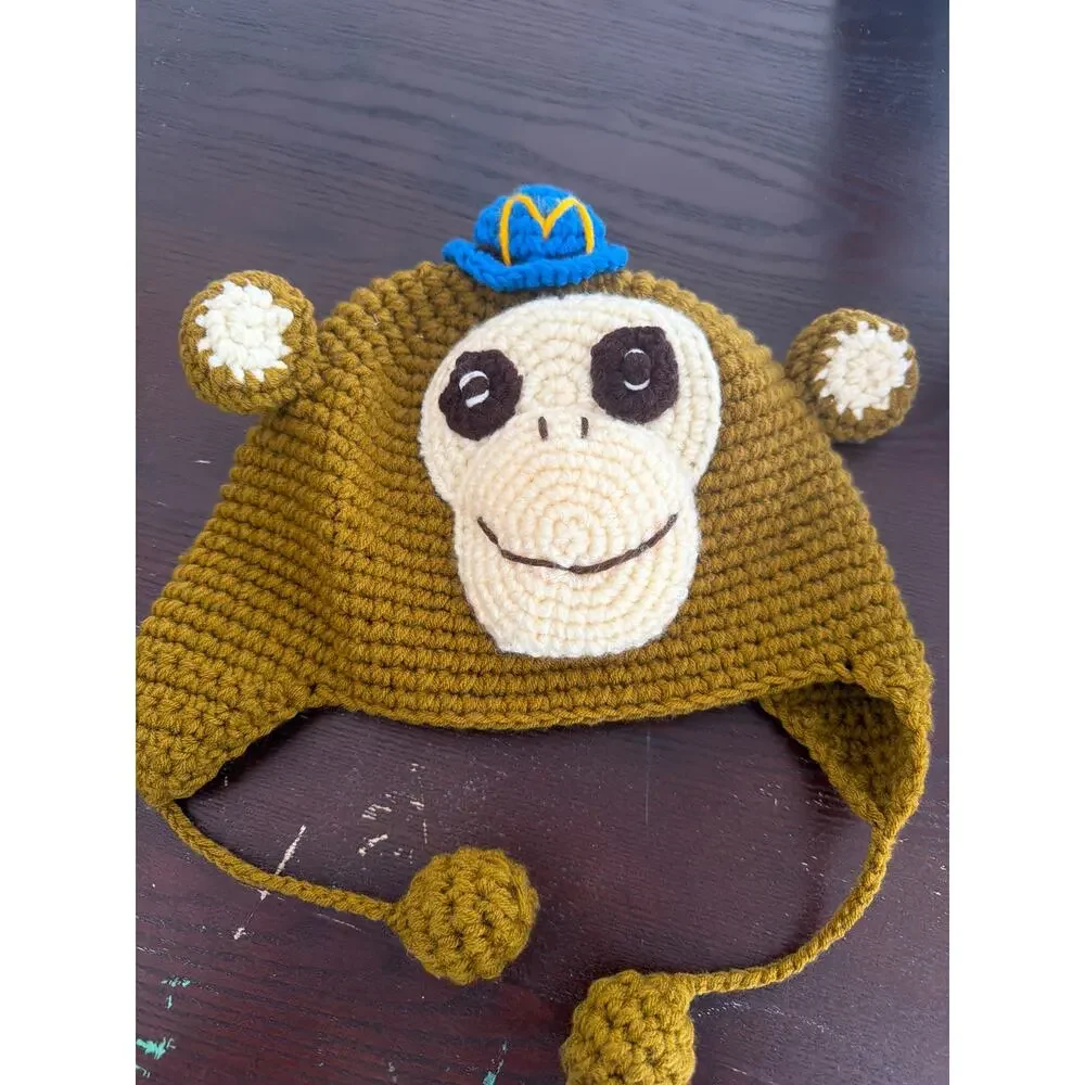 Handmade Monkey Hat Knit Bear Beanie Hat Brown Alpaca Fleece Lined 3D